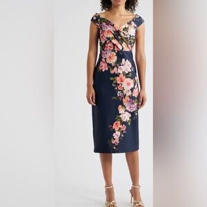 Eliza J Navy Floral Print Scuba Sheath Dress NWT Size 6